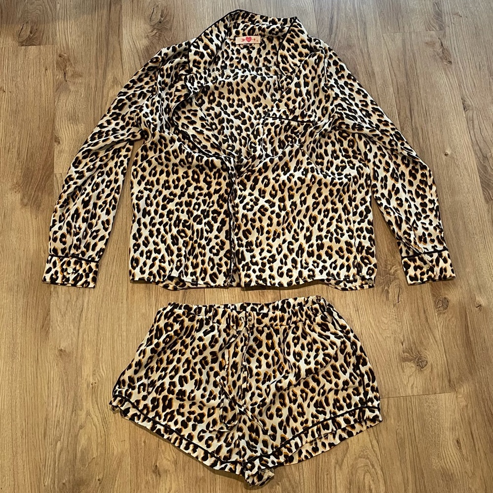 Buddy Love Leopard Print Satin Pajama Set in Beige and Black